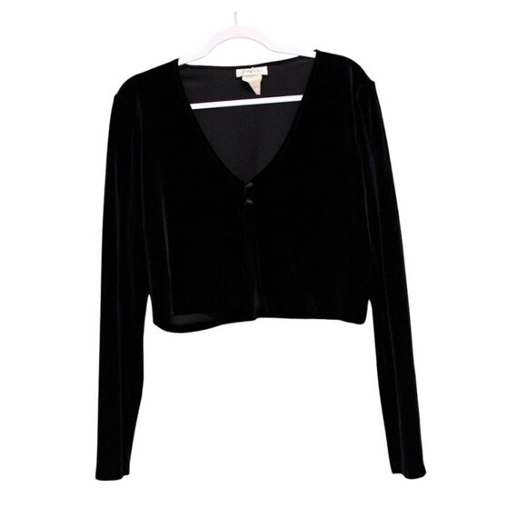Vintage 90s Cropped Cardigan Sweater Size Large Black Velvet Witchy Goth Grunge - Picture 1 of 11